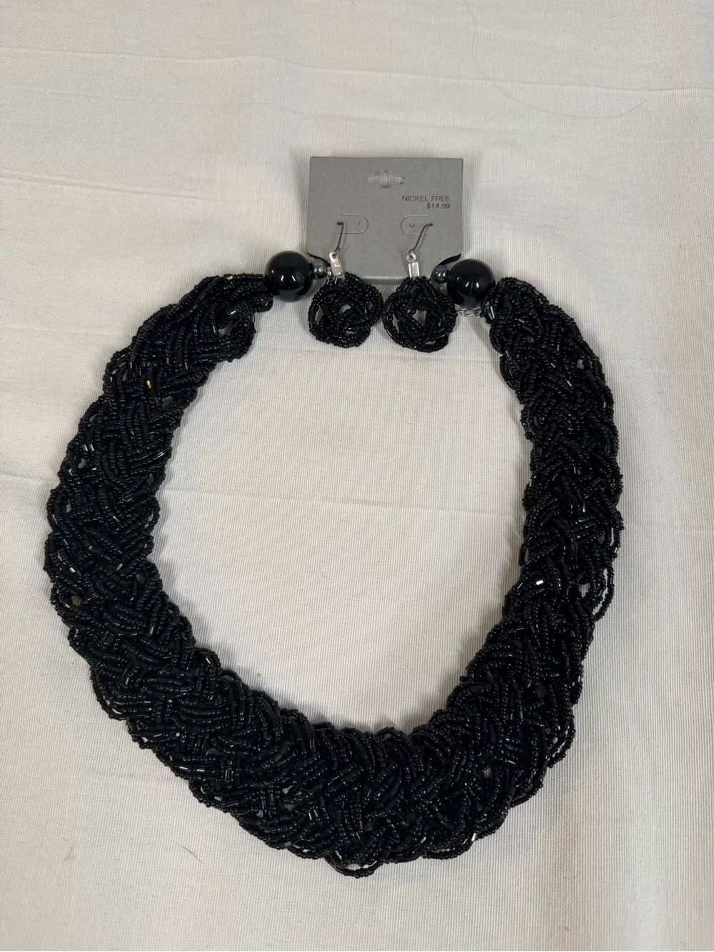 Source Unknown Black Braided Beaded Necklace with Matching Earrings